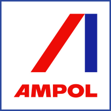 Ampol logo, a slanted red line next to a blue line that makes the shape of an A, the word AMPOL is beneath