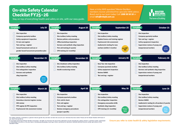 Small version of the Onsite Safety Calendar Checklist for FY25-26