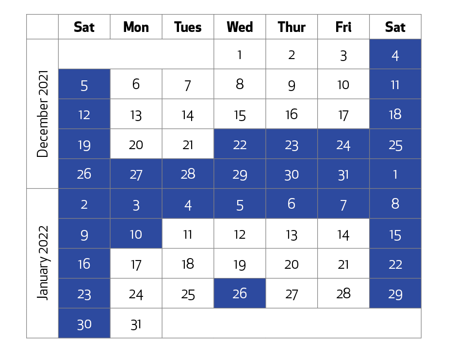 A calendar of December 2021 and January 2022 showing no business days under the BIF Act from the entire period Wednesday, 22 December 2021 to Monday, 10 January 2022 (inclusive)